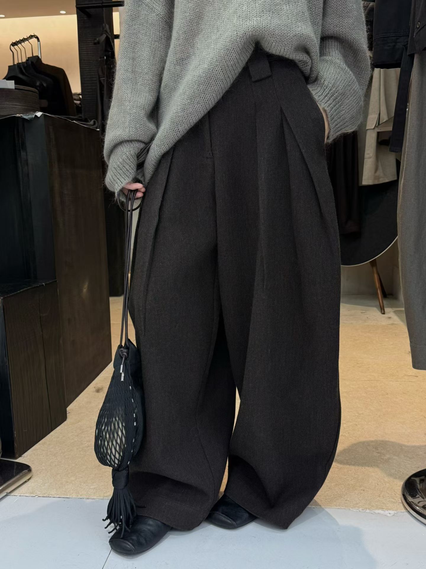 DVZ 韩版2025秋季新款时尚百搭宽松老钱高腰显瘦美丽诺羊毛阔腿裤