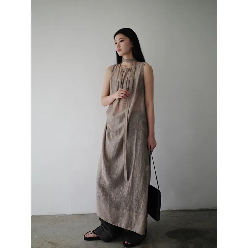 折上折DVZ新手动扎染轻盈飘带无袖A字连衣裙女宽松薄透长裙1667