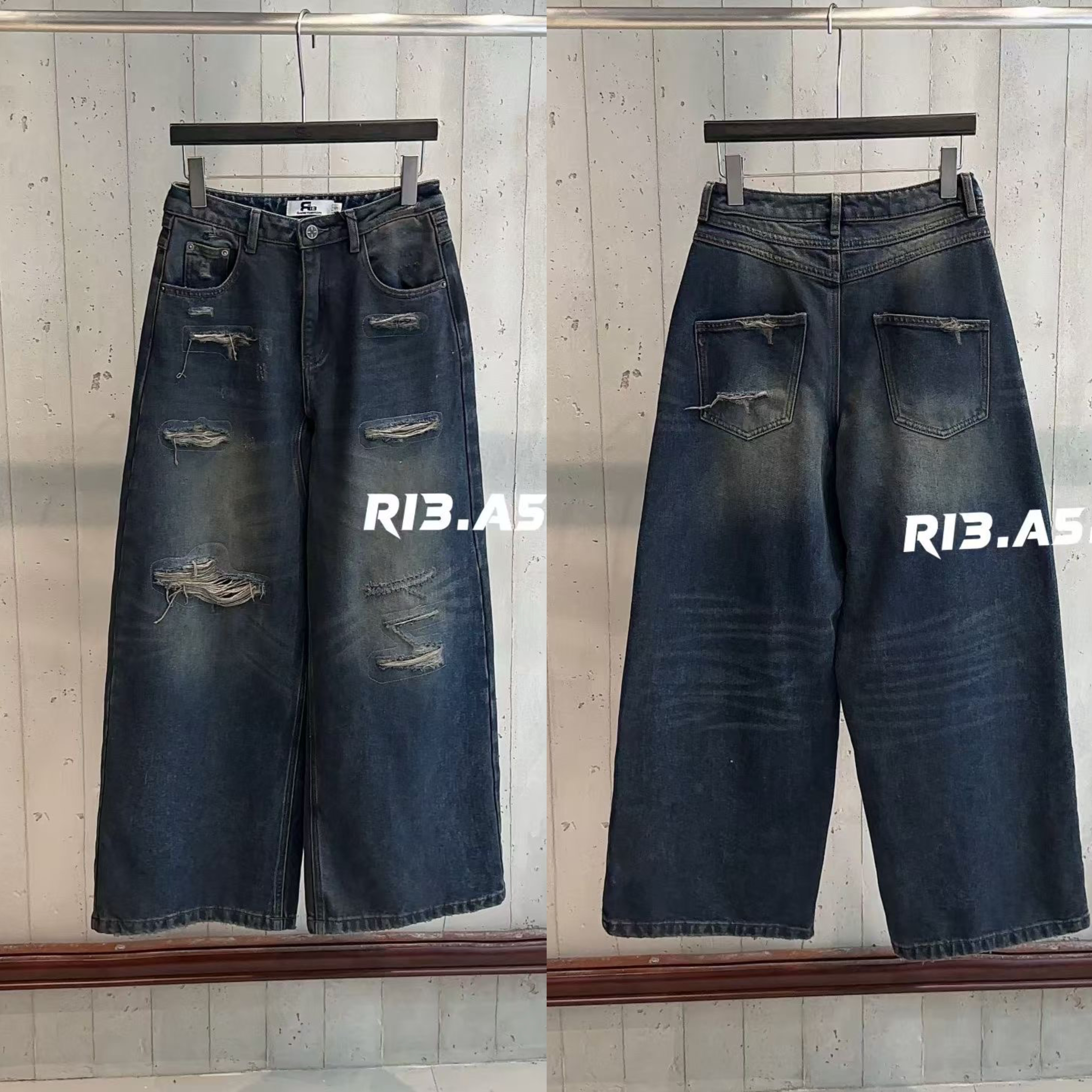 R13美式做旧磨破阔腿牛仔裤女2025秋冬加厚磨毛时尚直筒休闲长裤