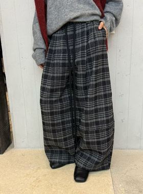 DVZ高品质羊毛格子女2025冬季新款宽松阔腿裤复古休闲长裤1963
