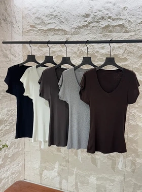 特DVZ天丝羊毛短袖T恤女夏新款宽松正肩休闲百搭v领白色上衣5759