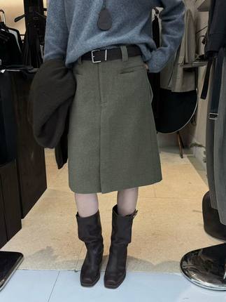 DVZ秋冬新款韩版简约百搭显瘦遮胯休闲羊毛半身裙中裙配腰带8136