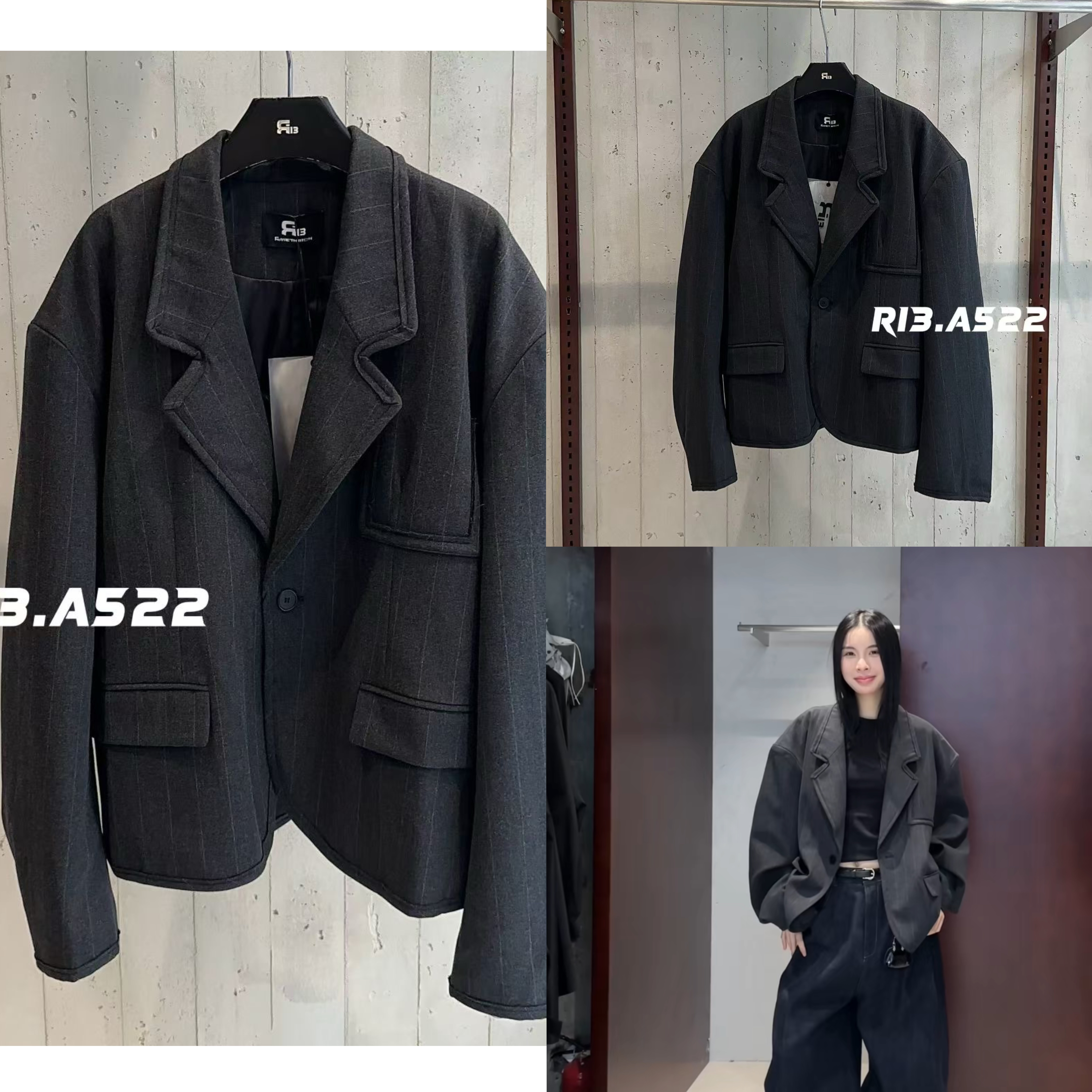 R13 2025秋冬新款加厚条纹羊毛西装外套