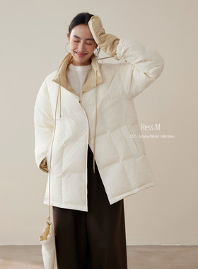 Ress.M十三行极简90白鸭绒保暖多色休闲大衣双面穿中长款羽绒服女