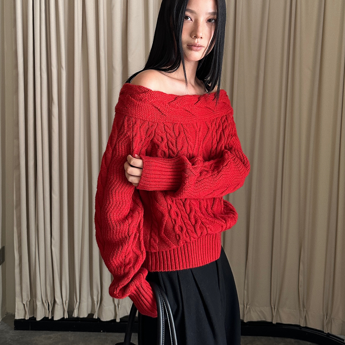 CHILL STICTCH 圣诞氛围感新法式慵懒一字领绞花宽松保暖毛衣