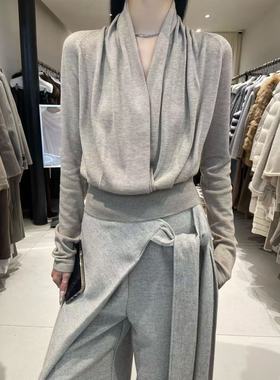 MOLS正品交叉V领针织衫女2025年冬季极简长袖显瘦气质优雅上衣