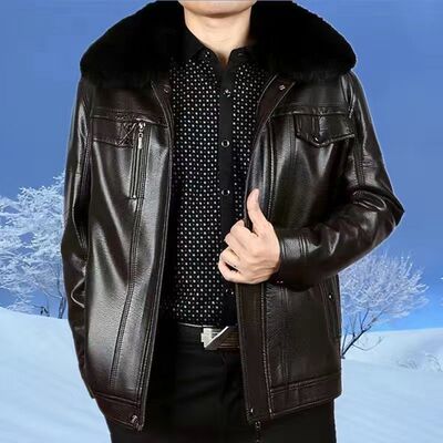 中老年高档真好皮衣男冬季爸爸装加绒加厚外套套装男