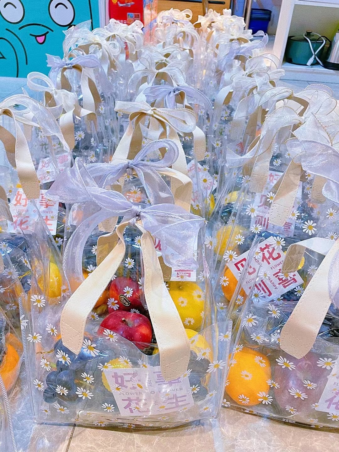 ins高档水果雏菊pvc皮质手提袋婚庆结婚生日满月伴手礼袋子包装袋