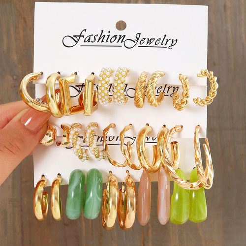 饰品金属C型耳环套装组合几何形耳圈套装5件套仿珍珠耳钉Earring