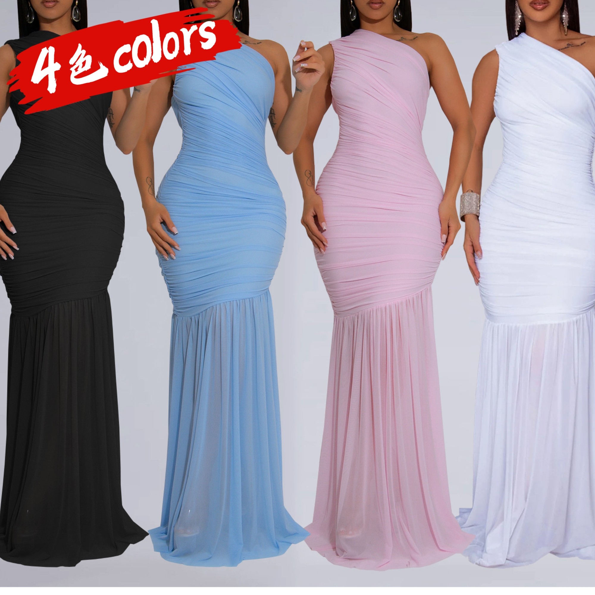 亚马逊欧美时尚ins风单肩网纱连衣裙斜肩性感透视晚宴褶皱长裙子