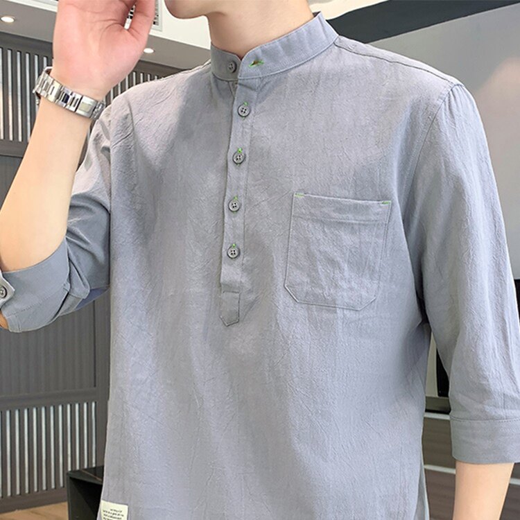 七分袖衬衫男士夏季纯棉短袖男装中式上衣高级感中国风休闲衬衣服