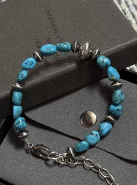 工装飞行员 日系原创手工复古925纯银湖北松石银珠手链手串男女