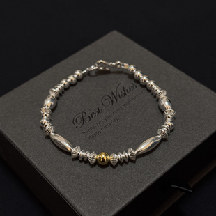 工装飞行员 日系复古百搭原创手工实心铜珠素银长筒银珠手链男女