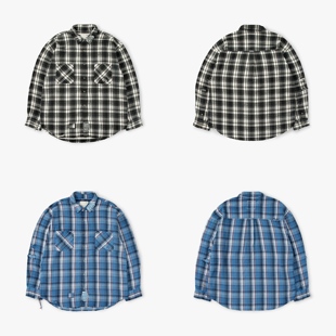 工装飞行员 MADNESS 24AW 余文乐日产破坏做旧补丁重磅格子衬衫 