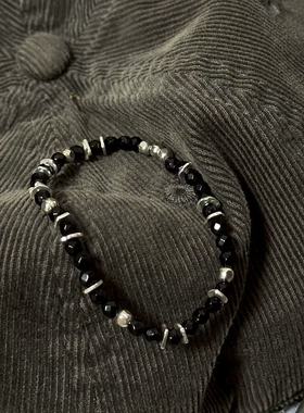 工装飞行员 日系复古百搭原创手工黑玛瑙925银隔珠手链男女