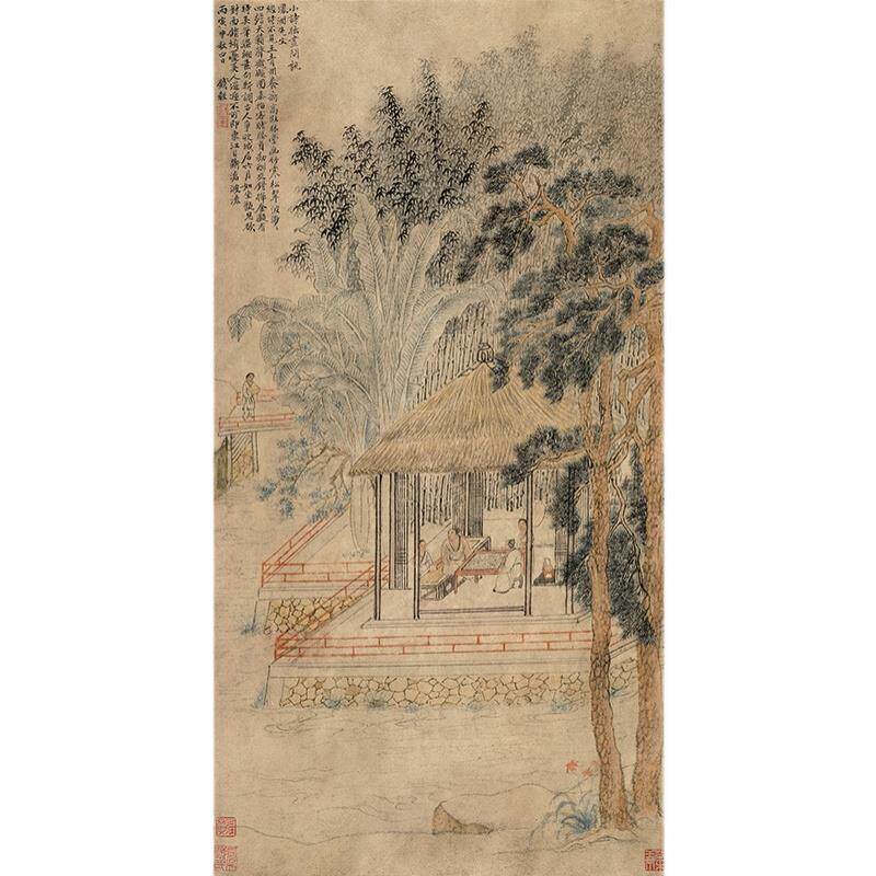 高清文征明弟子钱榖竹亭对棋图国画清闲雅逸围棋对弈微喷装饰画