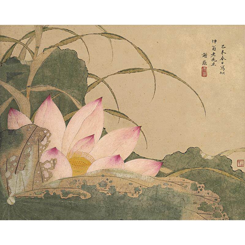 名画复制品谢荪荷花图工笔设色花卉小品国画艺术微喷临摹装饰画