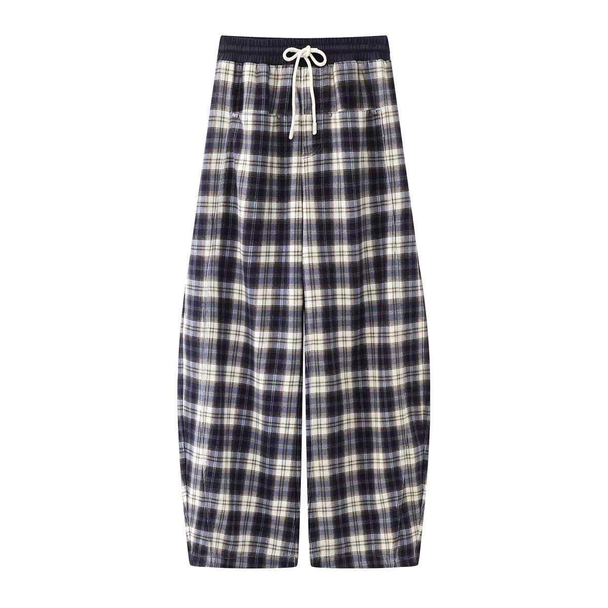 芮家2025冬季新款女装时尚百搭松紧腰格纹系带休闲长裤RL91302080