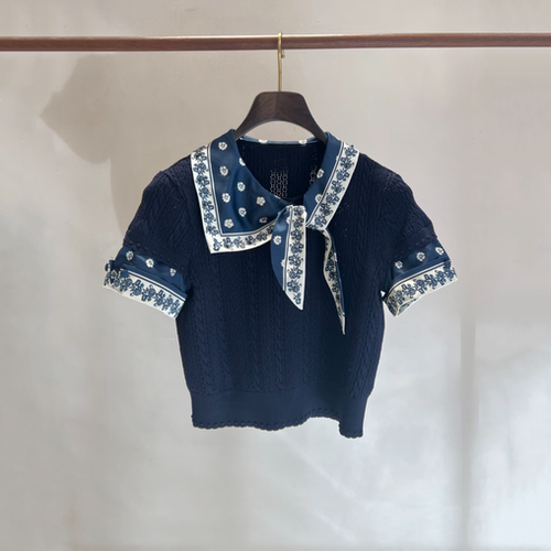 现货拉飞家2026春款珠饰印花丝巾短袖针织FF26C51ZB167丝巾长裤女