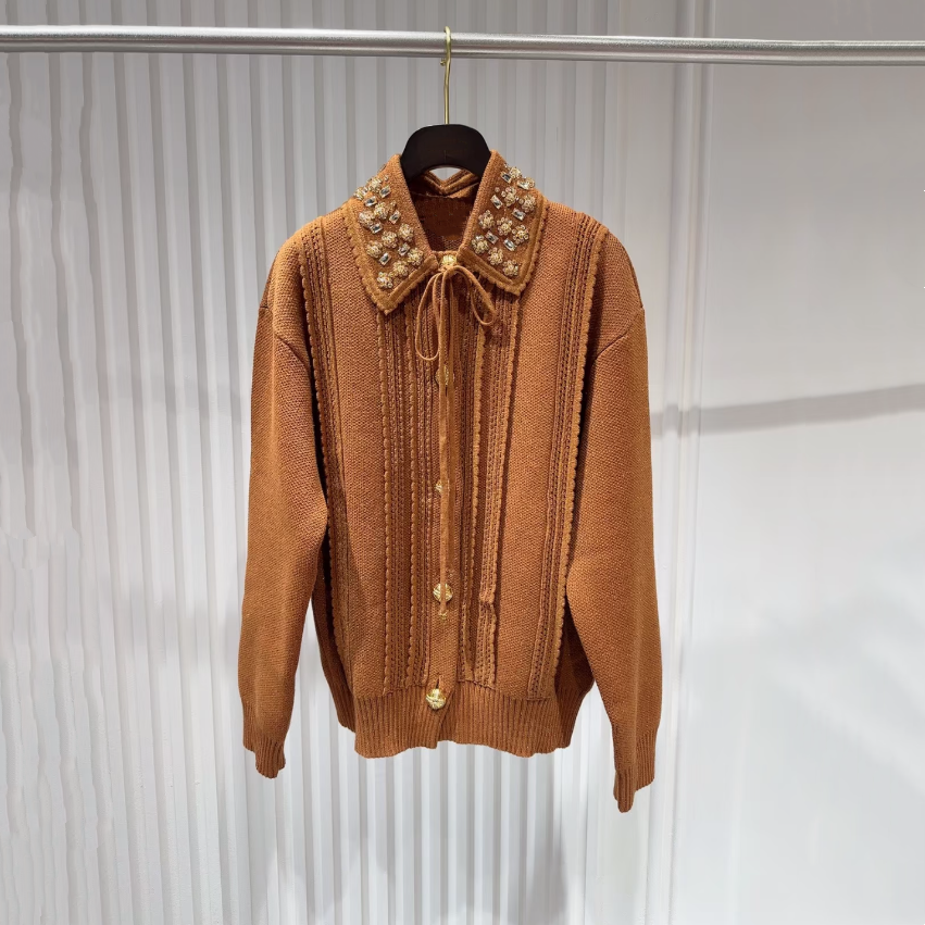 现货拉飞家2025秋款复古珠饰领宽松廓形针织开衫上衣LF25Q41ZC078