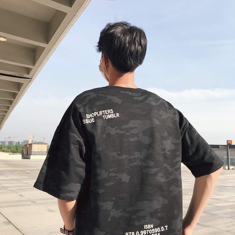 港风短袖t恤男生潮牌夏季韩版宽松迷彩bf原宿风半袖ins超火的上衣