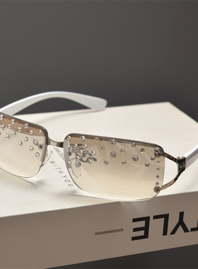 欧美复古镶钻切边长方形太阳眼镜
