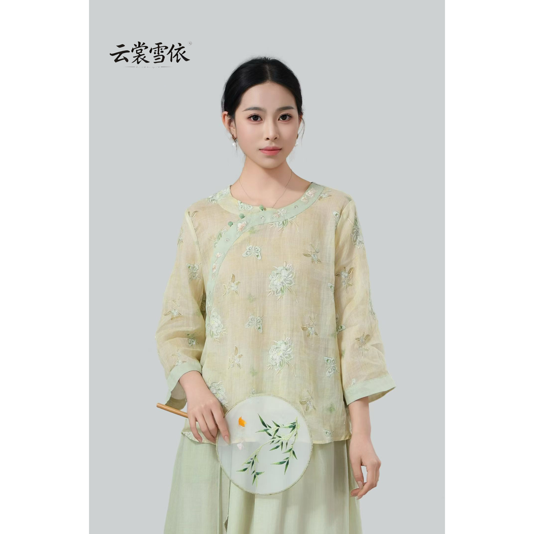 夏季新中式苎麻斜襟刺绣衬衫女