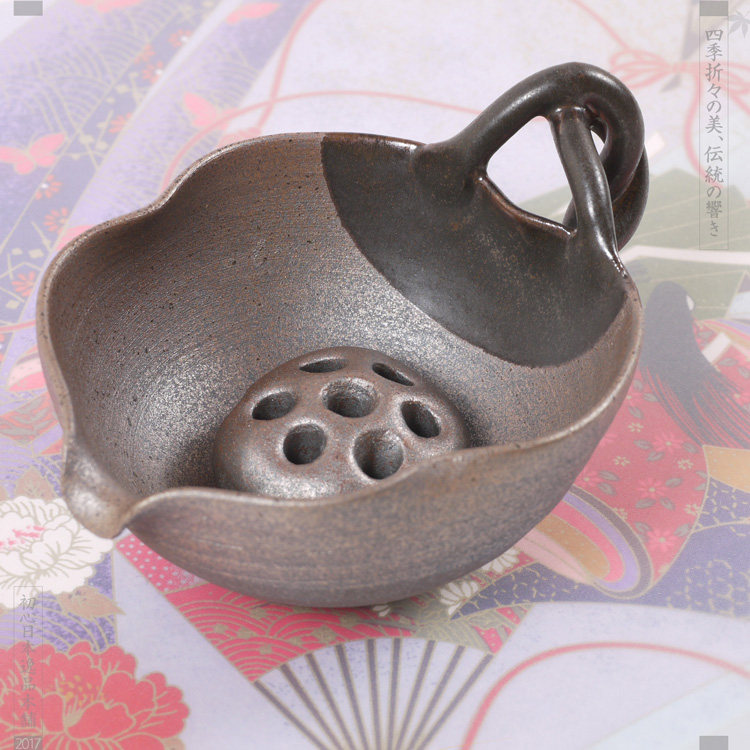 孤品现货日本京烧清水烧花盆花瓶花器 藤柄荷叶花杯 带莲藕型花立