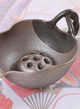 孤品现货日本京烧清水烧花盆花瓶花器 藤柄荷叶花杯 带莲藕型花立