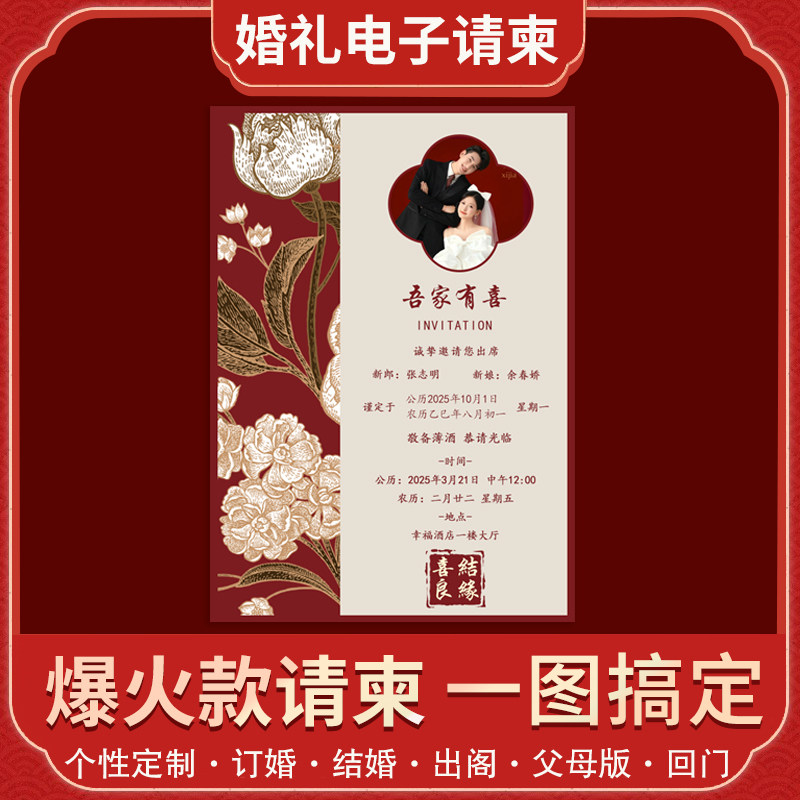 婚礼电子版邀请函父母版订婚婚礼出阁回门图片请柬高清单页定制图片