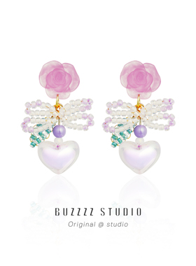 超甜紫色花花耳环夏天串珠爱心少女心个性长款耳钉无耳洞耳夹耳饰