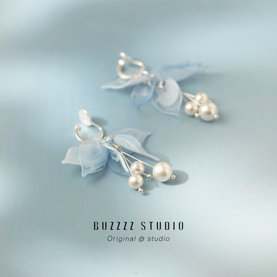 手作蓝色花朵原创秋冬流苏耳环女气质温柔显脸瘦长款小众设计耳夹