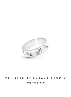 BUZZ紫色的郁金香银色戒指 温柔花朵设计感戒环开口戒