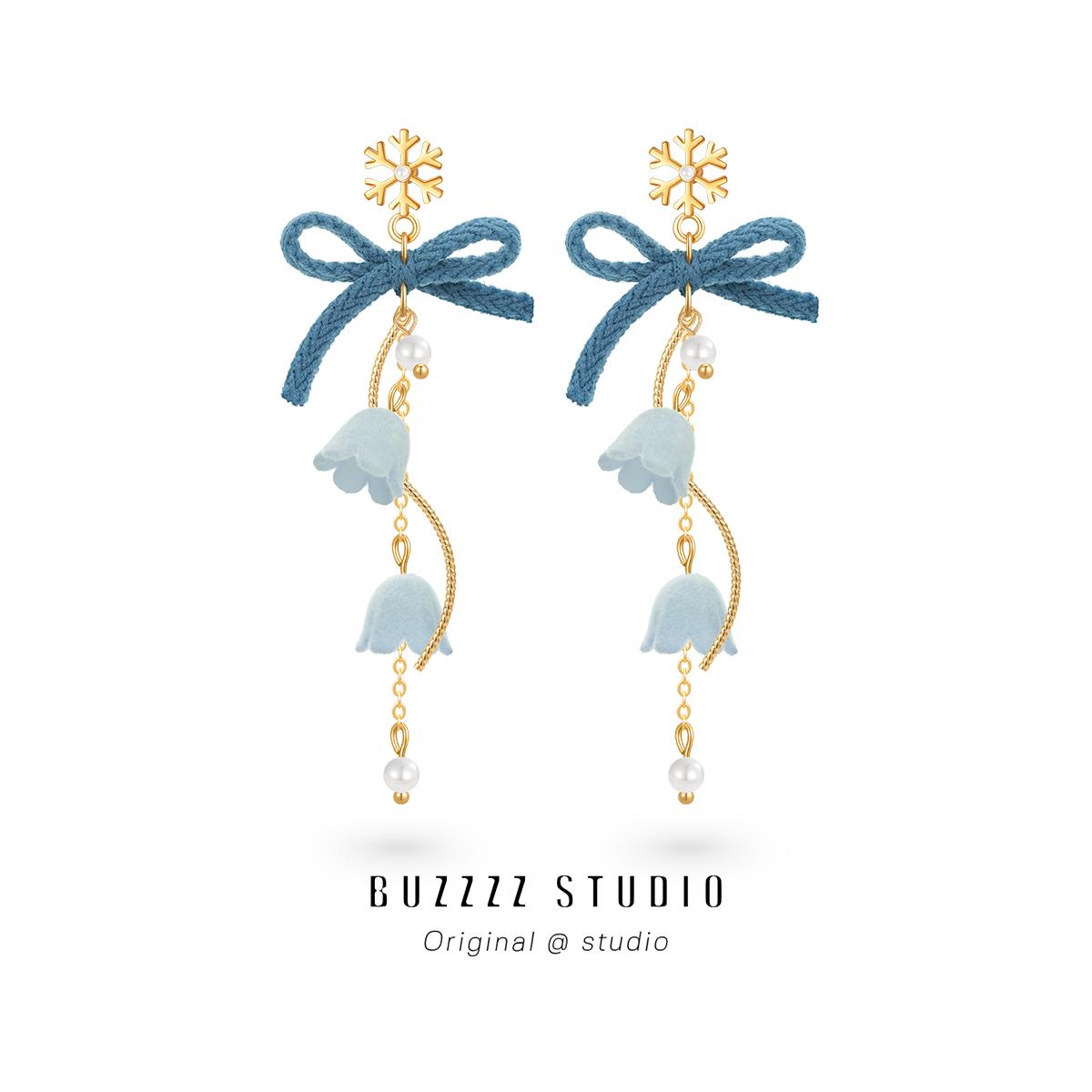 原创秋冬新品玲花雪花蝴蝶结超仙耳环显面瘦流苏长款无耳洞耳夹女