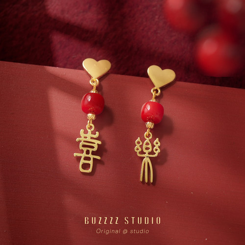 原创本命年红色过年新年喜庆耳环设计感中国风国潮耳环耳夹耳饰女