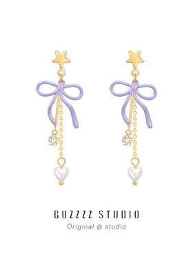 原创紫色蝴蝶结耳环出游度假风甜美可爱星星流苏银针耳钉少女耳夹