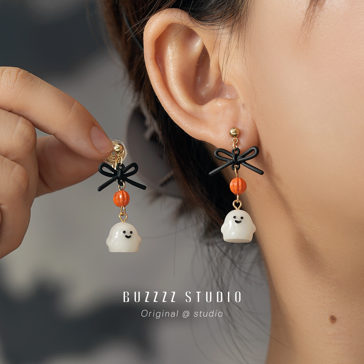 原创设计万圣节蝴蝶结南瓜立体小幽灵耳钉2025新款潮个性耳环耳夹
