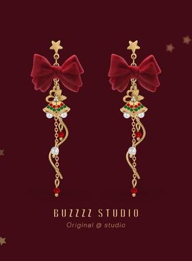 原创圣诞节铃铛耳环红色蝴蝶结设计感耳钉节日氛围耳夹无耳洞耳饰