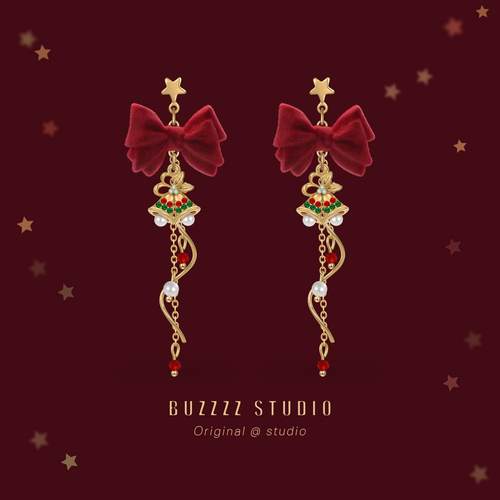 原创设计圣诞铃铛耳环红色蝴蝶结