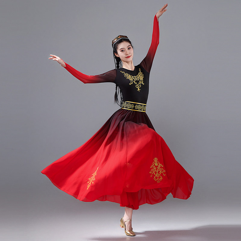 春款新疆维吾尔族舞蹈服装刺绣维族练习裙演出大摆裙艺考舞裙套装