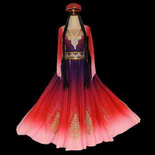 艺考剧目大摆裙舞蹈服新款 成人新疆维吾尔族舞蹈演出服维族裙刺绣
