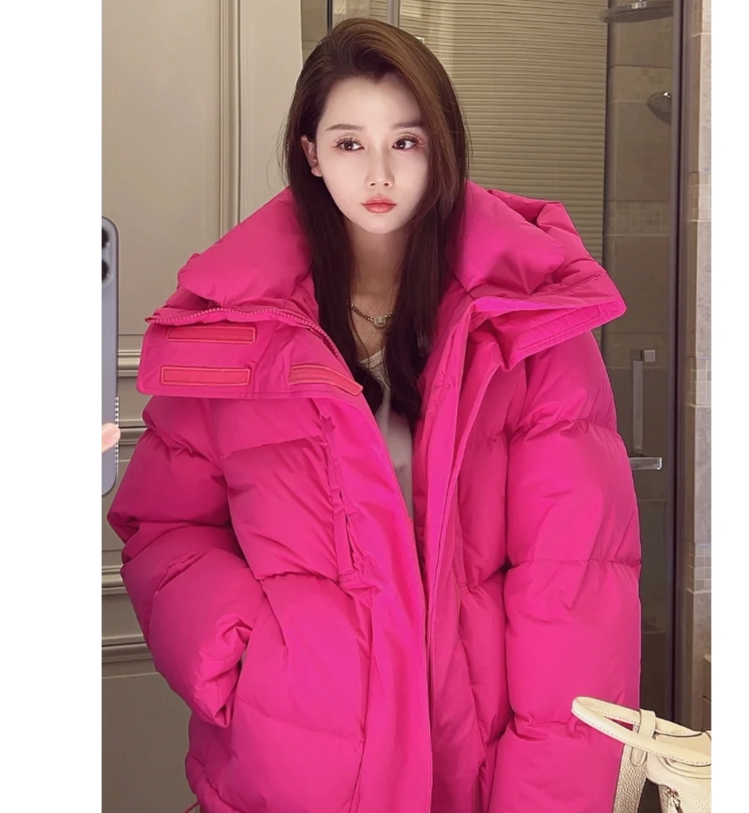 高级感炸街泡芙玫红色羽绒服女中长款2022冬季新款宽松火龙果加厚