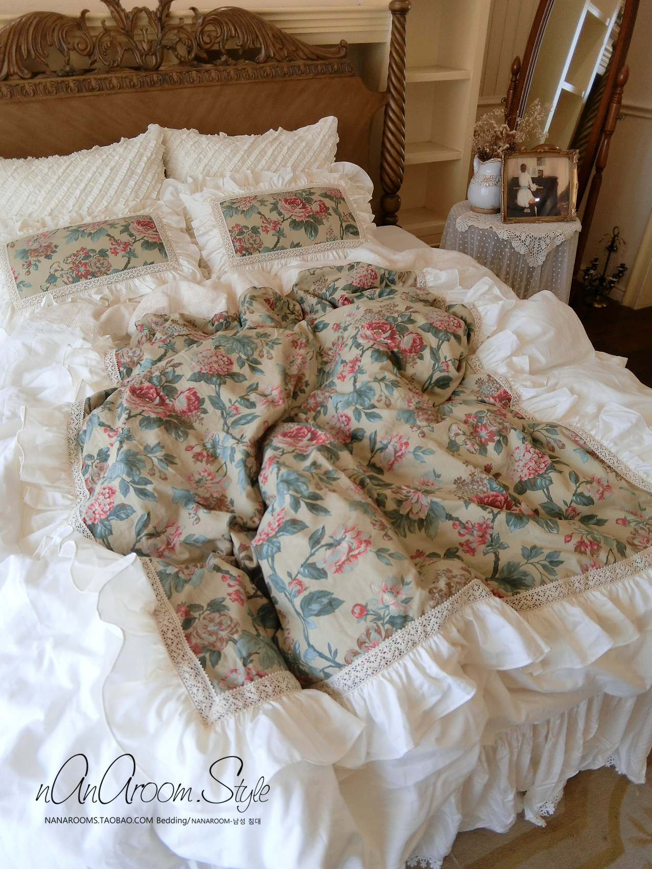 韩国进口米色棉麻玫瑰华丽大花朵荷叶边美式田园风怀旧四件套床品,床上用品,床品套件/四件套/多件套,淘宝优惠券,粉丝福利购,淘宝优惠卷