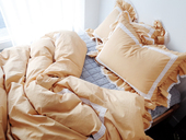 韩国进口芥末黄豆沙粉INS风甜美荷叶边蕾丝花边柔软全棉四件套