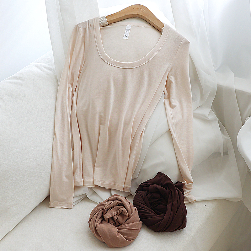 桑蚕丝修身显瘦大圆领长袖打底衫