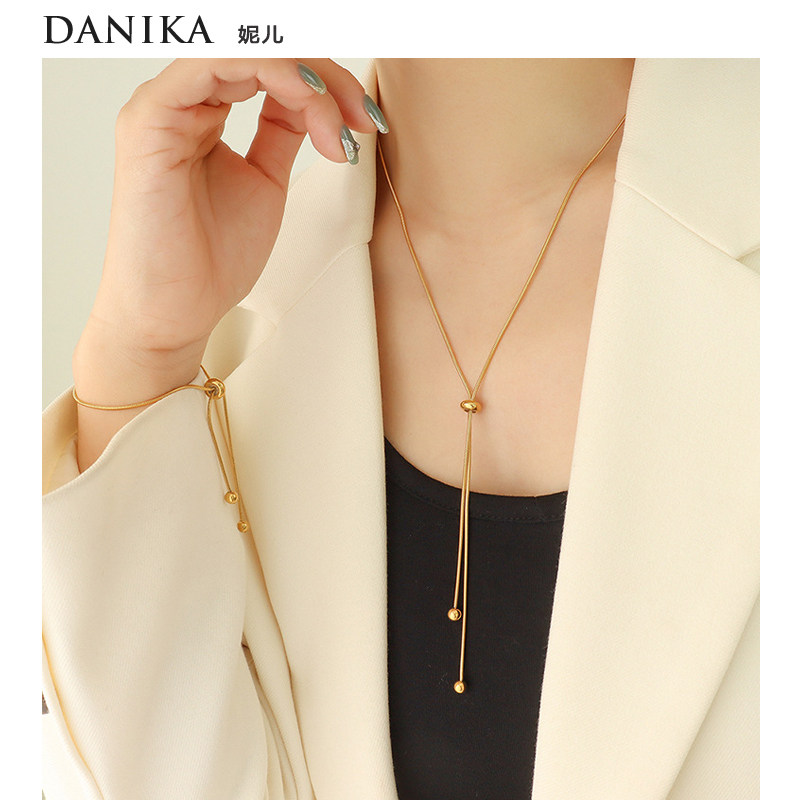 danika◆可调节抽拉式蛇骨链小金豆流苏项链女大气高档简约毛衣链