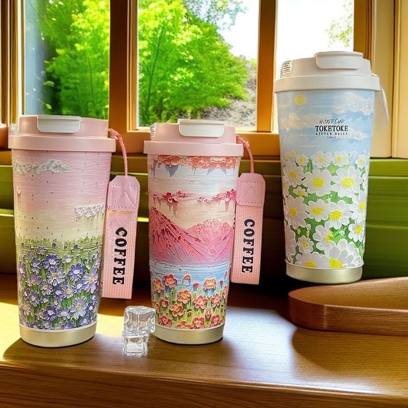 316不锈钢铃兰保温杯大容量男女高颜值保冷双饮粉雪山咖啡吸管杯