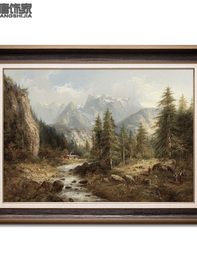 高档怀旧复古侘寂风格画客厅油画玄关装饰画  美式雪山松树林N286