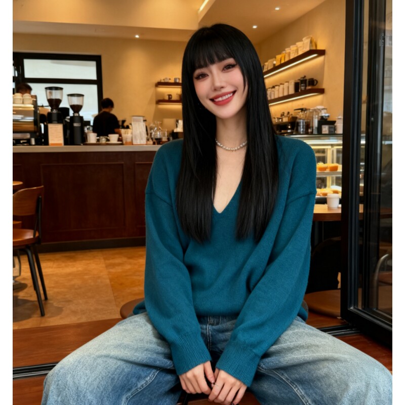 极简风蓝色V领套头针织衫女秋冬新款宽松慵懒毛衣保暖内搭上衣