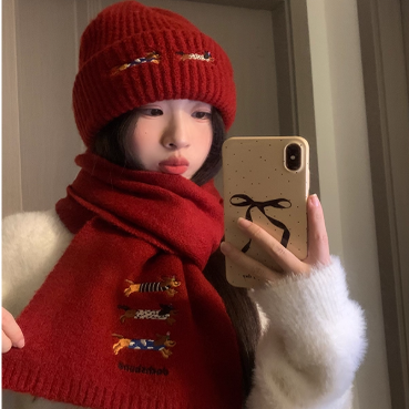 韩版可爱腊肠狗毛线帽女冬季潮流百搭帽子围巾两件套保暖针织围脖